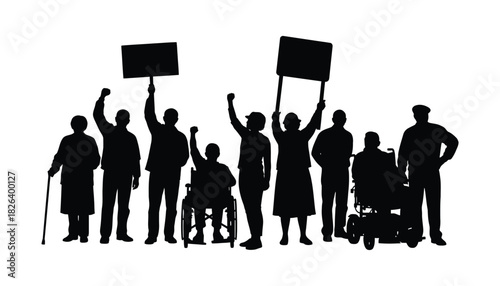 Silhouette of people protesting for disability rights and equality