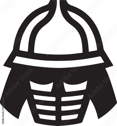 Minimal silhouette style vector samurai helmet armor logo design featuring bold black shapes, clean line art, traditional warrior aesthetics, strong cultural identity, modern branding icon ideal for m