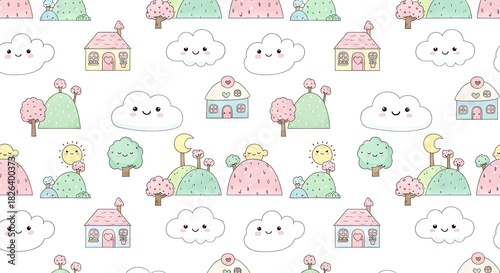 Colorful pattern of cute houses and clouds in pastel style  