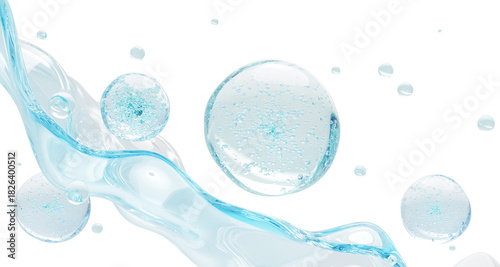 3d blue water texture with gel cleanser drops, liquid transparent wave and splash. Aqua background with air bubbles, beauty care collagen serum, hyaluron skin acid or moisture cream