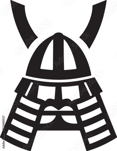 Minimal silhouette style vector samurai helmet armor logo design featuring bold black shapes, clean line art, traditional warrior aesthetics, strong cultural identity, modern branding icon ideal for m