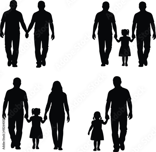 Silhouette families walking together holding hands, representing unity, parenting, childhood bonding, love, support, connection and family relationships in simple vector style