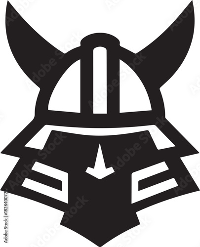 Minimal silhouette style vector samurai helmet armor logo design featuring bold black shapes, clean line art, traditional warrior aesthetics, strong cultural identity, modern branding icon ideal for m