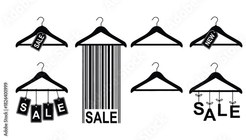 Clothing sale hangers with tags vector graphic illustration