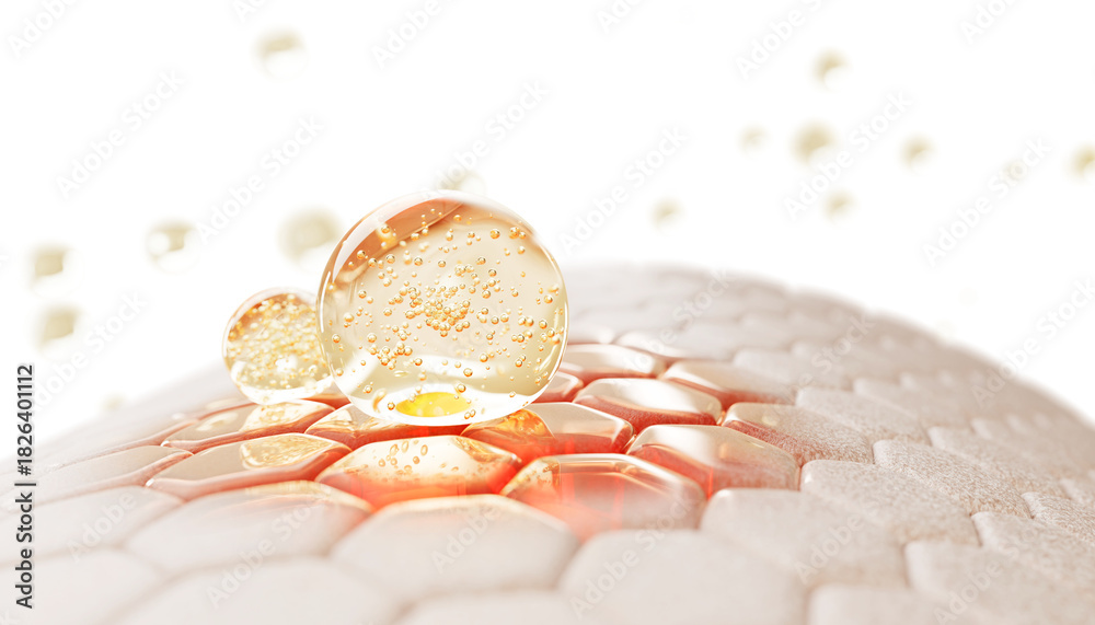 Naklejka premium 3d skin cells with gold oil drops, liquid serum or collagen gel. Epidermis layer with red damaged skin area, hexagon pattern. Repair, treatment, moisture, nourish from redness or acne
