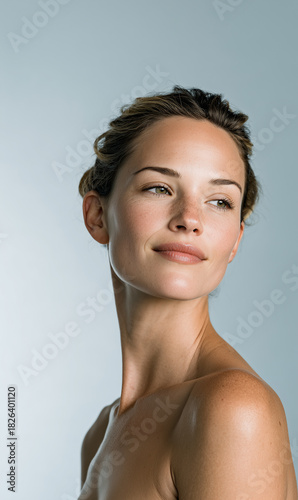 Fresh-faced woman with soft natural glow for contemporary skincare and beauty campaign