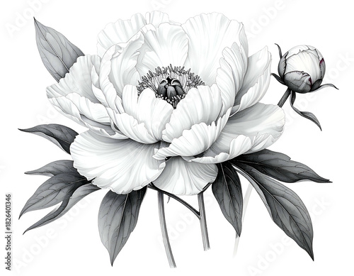 Elegant monochrome flower with bud and leaves, delicate detail
