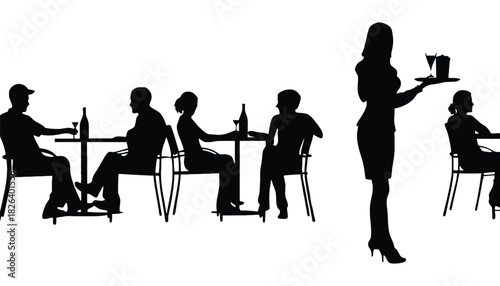 Silhouette of people dining at outdoor restaurant with waitress