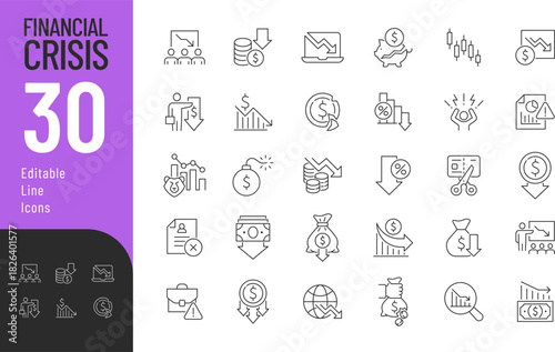 Financial Crisis Line Editable Icons set. Vector illustration in modern thin style of business related icons: instability, market collapse, recession, and more. Isolated on transparent background.