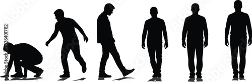 Silhouettes of a man transitioning through various movement stages, from crouching to walking and standing, symbolizing evolution, progress, growth, and development