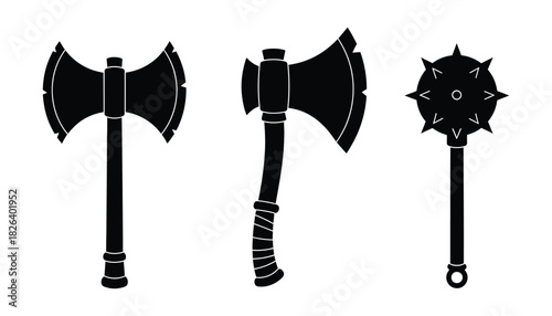 Axe mace medieval weapon set vector illustration silhouette