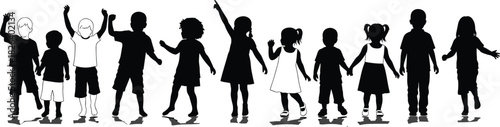 Silhouettes of diverse children holding hands, playing, celebrating, and interacting together in a joyful group scene, unity, friendship, teamwork, happiness