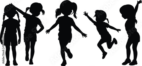 Silhouettes of playful young girls posing and jumping in various energetic positions, joyful childhood activity illustration, active kids movement vector artwork