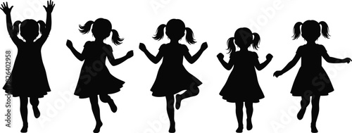 Silhouettes of young girls dancing in playful poses, energetic childhood movement illustration, joyful kids activity artwork, children dancing vector graphic