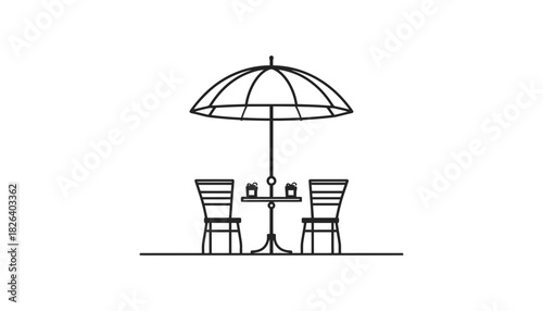 Illustration of outdoor cafe table with umbrella and chairs