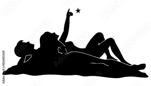 Silhouette couple stargazing romantic night sky love together