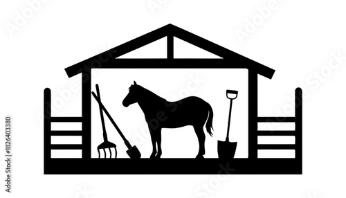 Horse stable silhouette vector graphic farm animal and tools