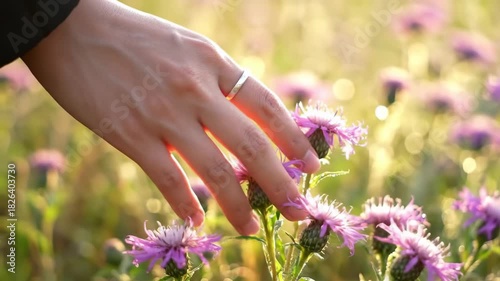 Close-up of a hand gently touching blooming wildflowers in a sunny field