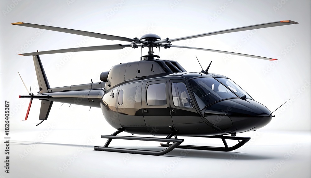 Fototapeta premium Black helicopter side view isolated on white background, modern utility rotorcraft with detailed design. 