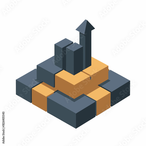 Isometric illustration of a growing business graph made of blocks with an upward arrow