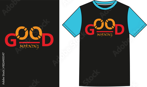 good morning a t shirt designe, black and blue background color, a colorful concept