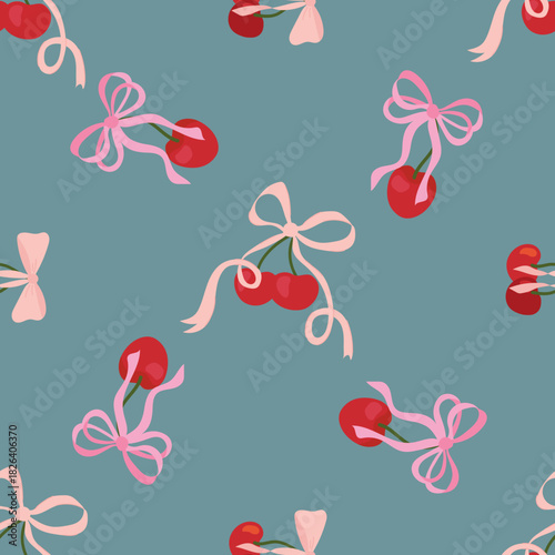 Seamless Pattern of Cherries with Pink Bows