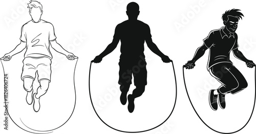 Man Skipping Rope, Jump Rope Exercise, Fitness Workout, Cardio Training, Silhouette Vector, Line Art, Health, Sport, Athletic Activity