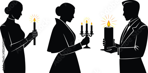 Set of black silhouettes showing elegant people holding lit candles and a candelabra, symbolizing ceremony, remembrance, funeral tribute, prayer, faith, hope, and light