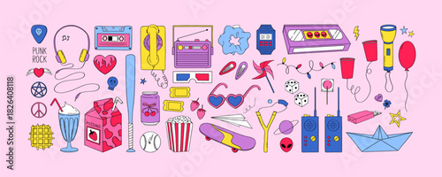 80s and 90s style. Hand drawn color vector set with video cassette, music tape, walkie-talkie, old telephone, radio, skateboard. Nostalgia, retro, vintage. Doodle sticker pack