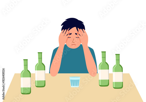 Man drinking soju Korean alcohol drink in flat design on white background.