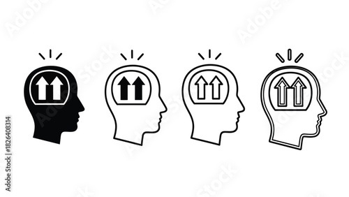 Head with Upward Arrows Icon Set: Growth Mindset, Improvement, Potential, and Brain Development Symbol in Vector Illustration