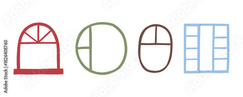 Set of flat cartoon hand drawn windows. Vector illustration for design, print and scrapbooking.