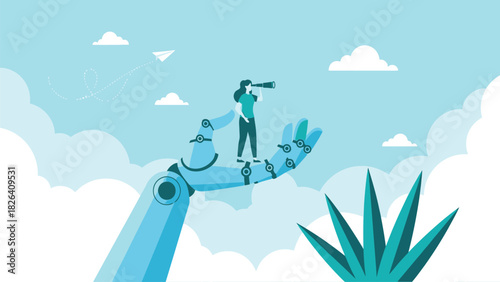 Woman standing on a robotic hand and looking through a telescope. Technology assistance, AI support, and future vision concept illustration.