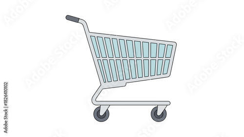 A simple sideview illustration of a light blue shopping cart with gray wheels