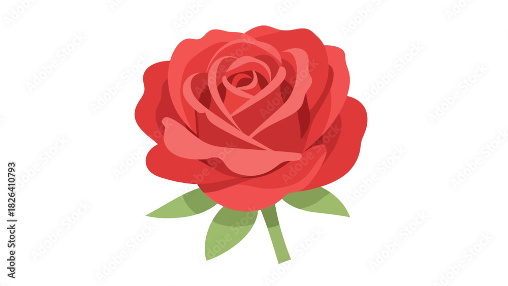 Fototapeta premium A stylized red rose with green leaves and stem