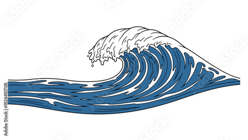 A stylized blue wave with white crest on a white background