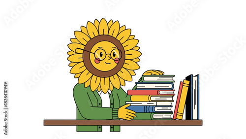 A sunflower character with glasses and rosy cheeks holds books