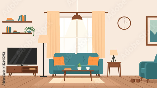 A teal sofa and armchair in a living room with a tv and artwork