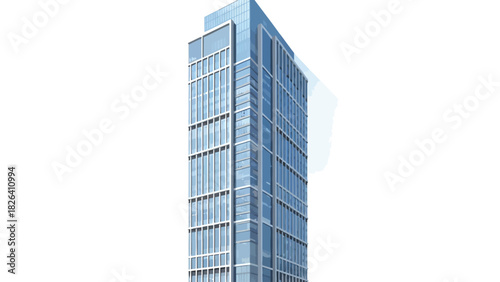 A tall modern glass skyscraper with a blue tint against a white background