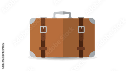 A vintage brown suitcase with leather straps and buckles