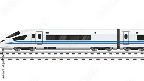 A white and blue highspeed train on train tracks