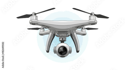 A white drone with four propellers and a camera underneath