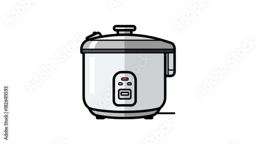A white rice cooker with a gray lid and buttons