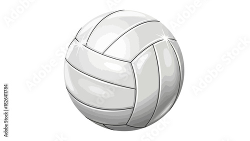 A white volleyball with black seam lines and shiny highlights