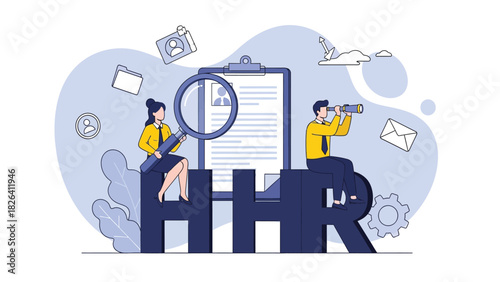 Human Resources (HR) Recruitment and Job Search Concept Vector Illustration. HR managers reviewing CV with magnifying glass and telescope, seeking talent acquisition.