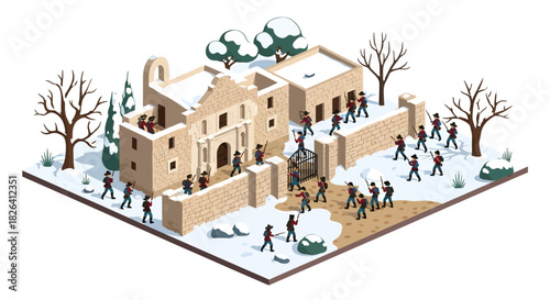 Isometric illustration of a winter battle scene at the historic Alamo mission with soldiers in the snow.