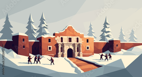 A stylized illustration of a historic battle at the Alamo mission during a harsh winter snowstorm.