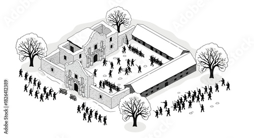 An isometric black and white illustration depicting the historic Battle of the Alamo, showing soldiers attacking and defending the mission compound.