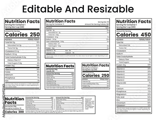 Editable and Resizable Nutrition Facts Label Set displaying various calorie counts and dietary information