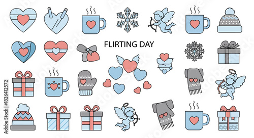A collection of cute winter romance and flirting day icons, including hearts, gifts, cupids, and warm clothing, isolated on a white background.